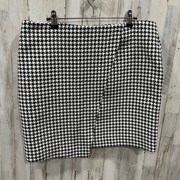 H&M Wool Blend Houndstooth Straight Mini Skirt Black/White Checkered Womens 12 - Picture 1 of 7